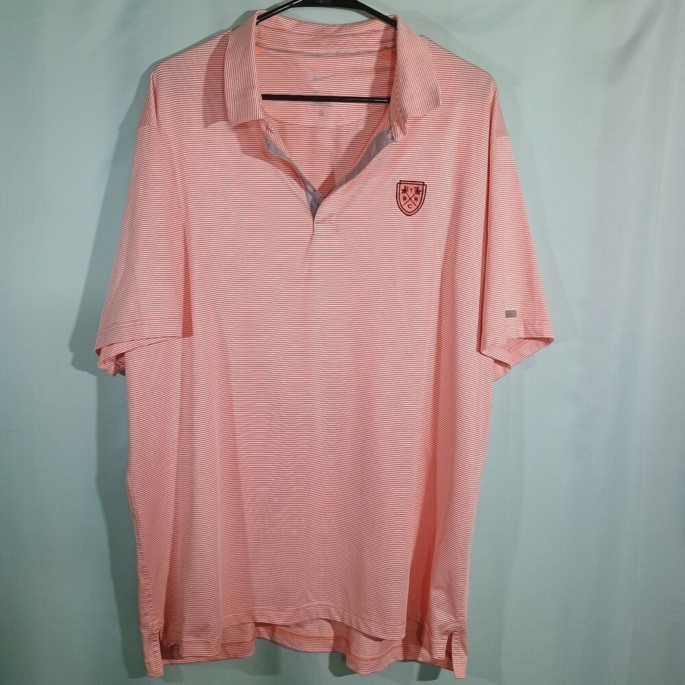 Mens Nike Pink White Striped Polo Shirt Short Sleeve Golf Casual Collared Top